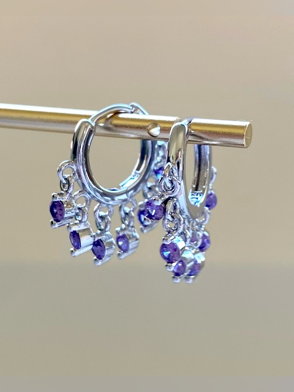 Sterling Silver Hoop Earrings with Purple Gem Dangles